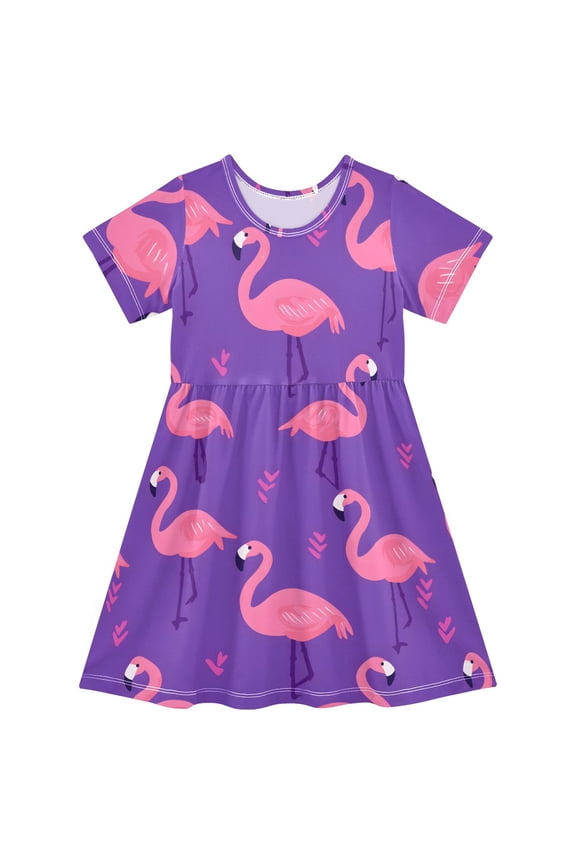 Heart Pink Flamingos Girls Short Sleeve Dress A Line Sun Protection Breathable Comfort Sundress 7-8T