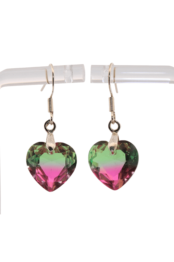 Heart Pink & Green Watermelon Tourmaline Silver Dangle Earrings 316