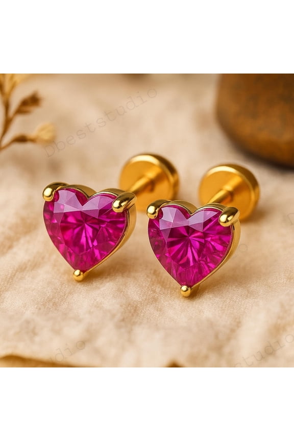 Heart Pink Ruby Stud Earrings 14K Gold Plated Screw Back, Dainty Love Earrings for Women, Valentine Gift, Everyday Jewelry for Her