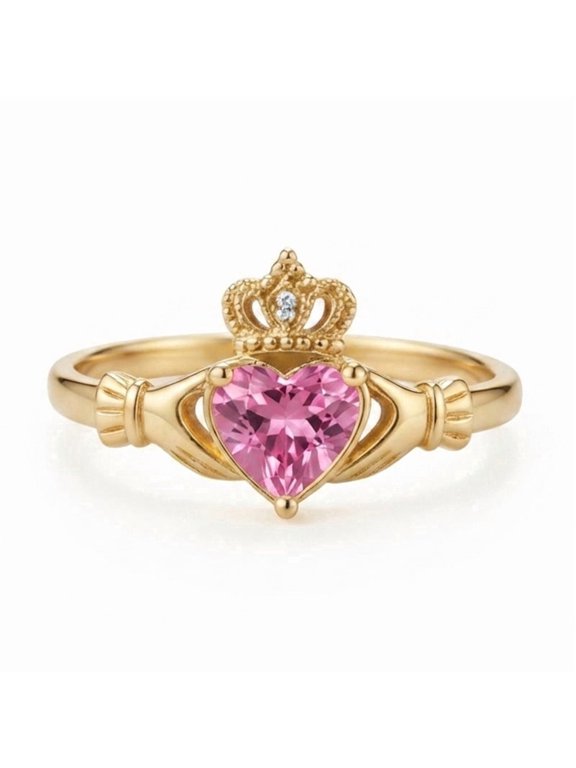 Heart Pink Sapphire & Round Diamond Claddagh Ring, 925 Sterling Silver Yellow Gold Plated Heart Crown Proposal Ring, September Birthstone Jewelry