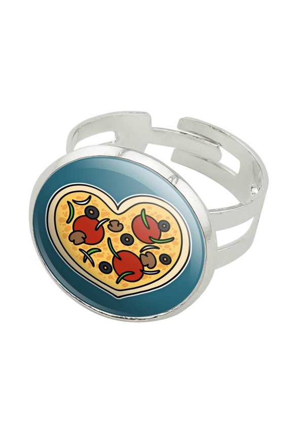 Heart Pizza Pie Love Silver Plated Adjustable Novelty Ring