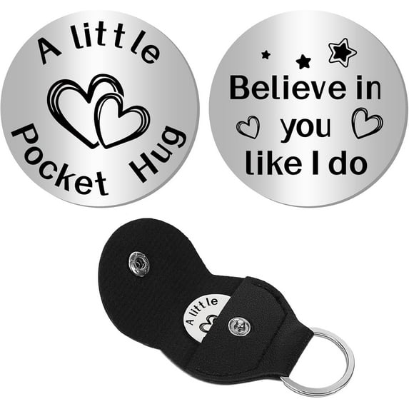Heart Pocket Hug Stainless Steel Pocket Hug Double-Sided Souvenir Commemorative Coin with PU Leather Keychain Long Distance Relationship for Women Men Friends Relative 2.8 x 1.9in
