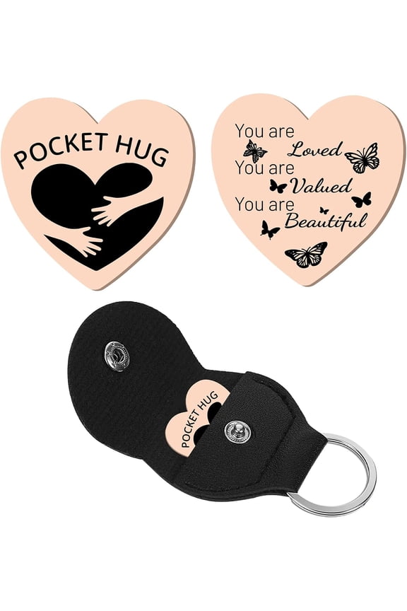 Heart Pocket Hug Token Butterfly Long Distance Relationship Keepsake Keychain Stainless Steel Double Sided with Leather Keychain Gift for Family Friends Daughter Women Rose Gold 1Inch