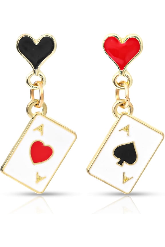 Heart Poker Card Earrings, Asymmetric Queen Of Hearts Dangle Drop Earrings Long Poker Chip Earrings Ace Playing Cards Dangle Jewelry For Women Carnival Theme Accessories