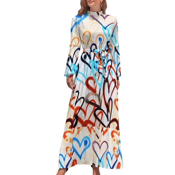 Heart Poker Dress High Neck Blue And White Plaid Print Beach Dresses Long Sleeve Long Maxi Dress Party Vestidos