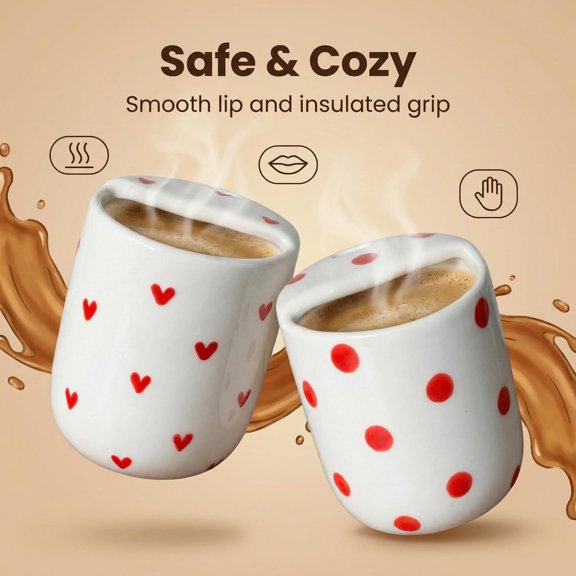 Heart & Polka Dot Ceramic Coffee Cup Set, safe and comfortable insulated grip cup, smooth rim coffee/tea cup