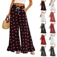thumbnail image 1 of Heart & Polka Dot Print Wide Leg Pants - Ruffle Hem High Waisted Palazzo Trousers with Pockets, Drawstring Casual Lounge Pants Light Gray L, 1 of 7