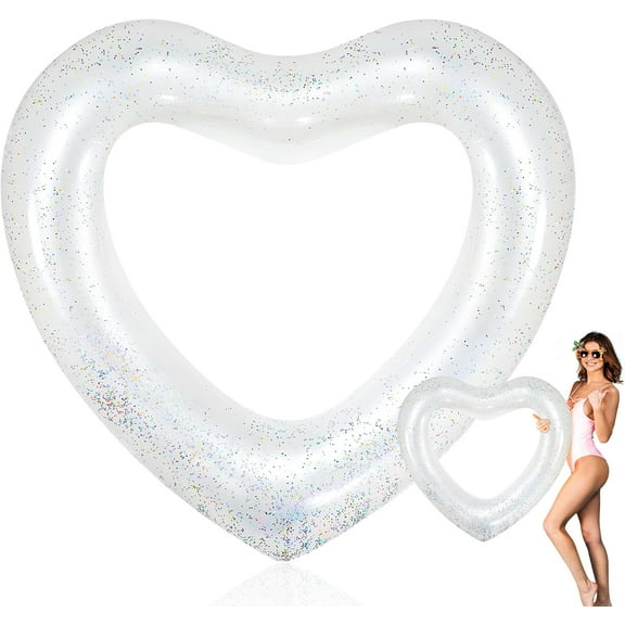 Heart Pool Float 47.3 x 39.4 Inch Inflatable Swim Rings Heart Shaped Bachelorette Pool Rings Glitter Swimming Pool Float Tube Summer Water Fun Beach Party Toys for Adults