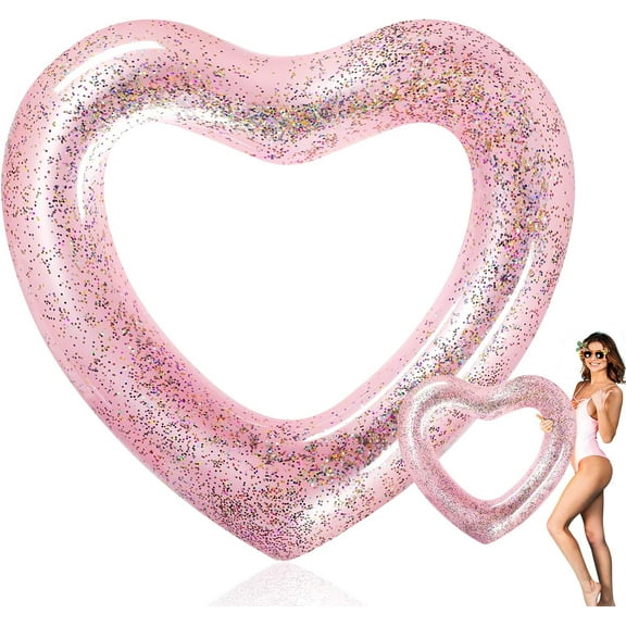 Heart Pool Float 47.3 x 39.4 Inch Inflatable Swim Rings Heart Shaped Bachelorette Pool Rings Glitter Swimming Pool Float Tube Summer Water Fun Beach Party Toys for Adults