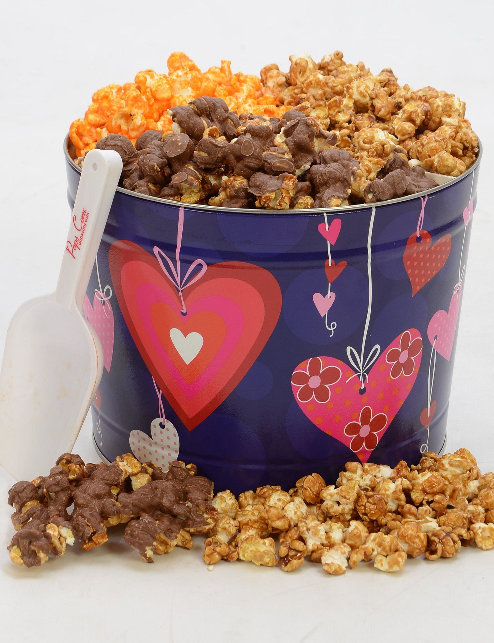 Heart Popcorn Tin. Pops Corn Gourmet Popcorn. This Large 2 Gallon Tin is Completely Filled with our 3 Most Popular Flavors! Pops Famous Caramel, Cheddar Cheese & Kettle Corn