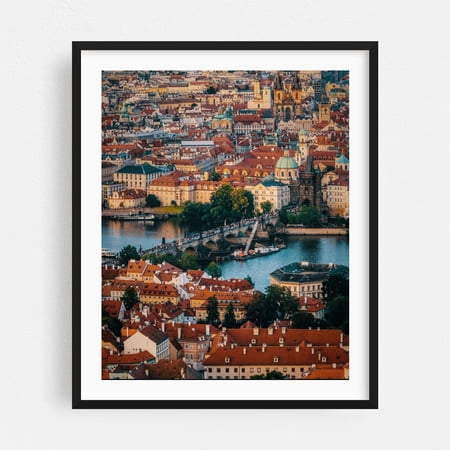 The Heart of Prague: A View Over Charles Bridge and Old Town - Prague Czechia Photography Cityscape Bridge Architecture Travel Poster Scenic Skyline Black Framed Wall Art Print 8 x 10 inches