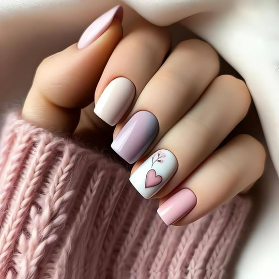 Heart Press on Nails Medium Square Valentines Day Fake Nails, Sparkling Pink Love Double Match Designs Artificial Nails Valentines Glue on Nails Full Cover False Nails for Women Girls 12 heart nail1