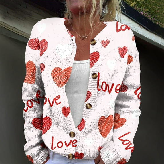 Heart Print Cardigan Valentines Sweater for Women Cute Chunky Button Up Plus Size 2026 Spring Fashion Warm Deep Red XL