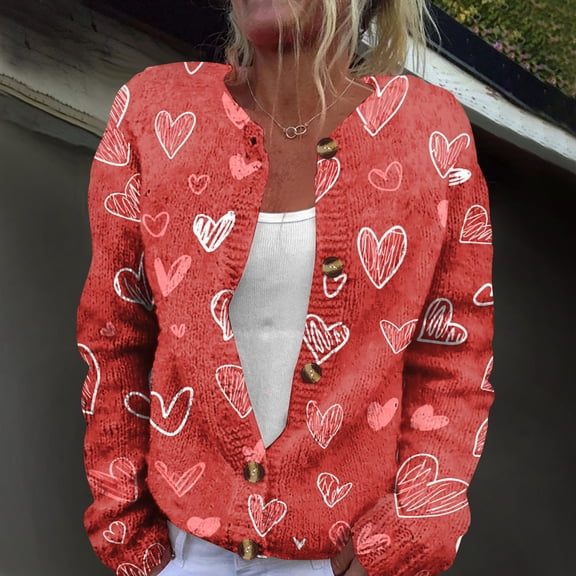 Heart Print Cardigan Valentines Sweater for Women Cute Chunky Button Up Plus Size 2026 Spring Fashion Warm Pink XL