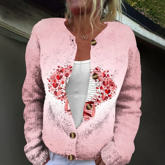 Heart Print Cardigan Valentines Sweater for Women Cute Chunky Button Up Plus Size 2026 Spring Fashion Warm Purple Pink M