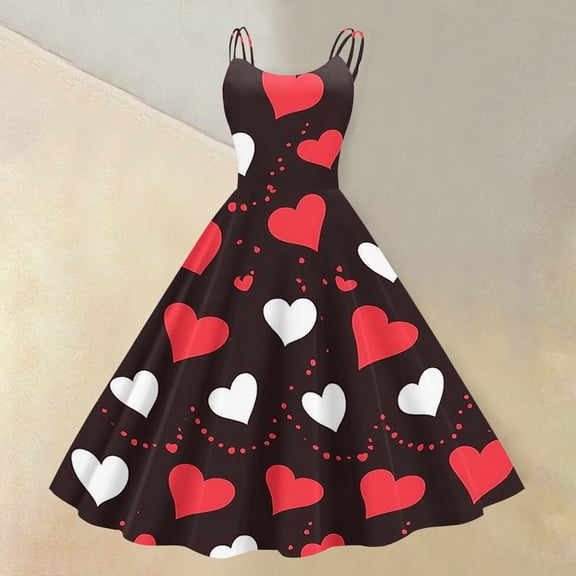 Heart Print Dress Women Neck A Line Party Dress for Valentine's Day Holiday and Romantic Dinner Dates Red 2XL