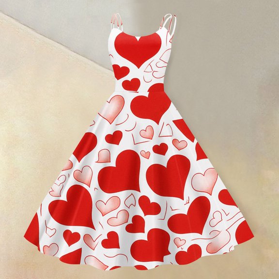 Heart Print Dress Women Neck A Line Party Dress for Valentine's Day Holiday and Romantic Dinner Dates Vermilion XL