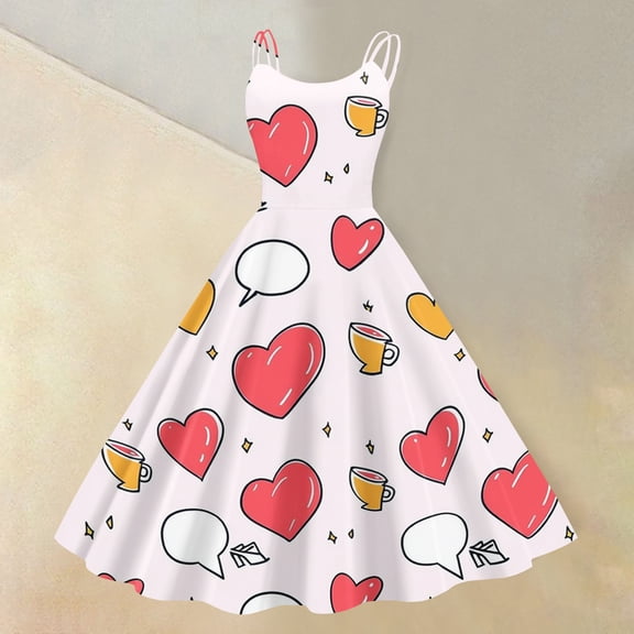 Heart Print Dress Women Neck A Line Party Dress for Valentine's Day Holiday and Romantic Dinner Dates Watermelon Red XL