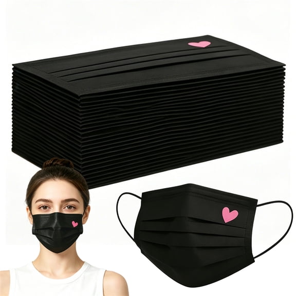 Heart Print Face Masks Bulk, 50 Pcs Black Individually Packaged 3-Layer Disposable Earloop Masks, Breathable Protection for Men & Women - Pink