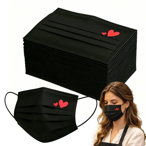 Heart Print Face Masks Bulk, 50 Pcs Black Individually Packaged 3-Layer Disposable Earloop Masks, Breathable Protection for Men & Women - Red