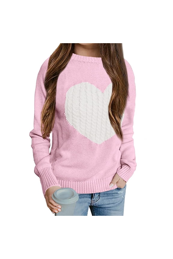 Heart Print Girls Long Sleeve Autumn Winter Knit Sweater Pullover