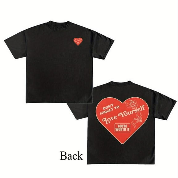 Heart Print Graphic Tee Love Yourself T Shirt Tops Short Sleeve Round Neck Breathable Black S-5XL