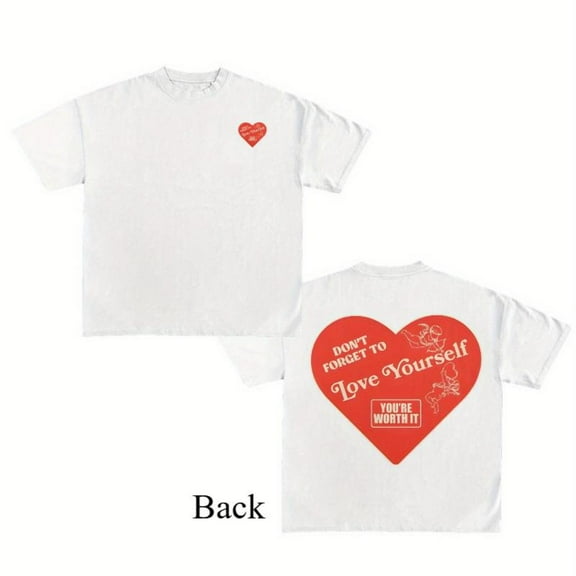 Heart Print Graphic Tee Love Yourself T Shirt Tops Short Sleeve Round Neck Comfortable White S-5XL