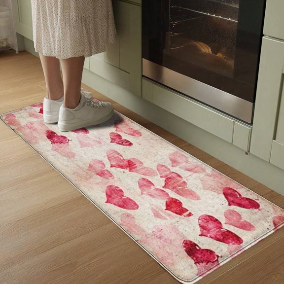 Heart Print Kitchen Floor Mat 17x47 Inch Pink Red Water-Absorbent Non-Slip Flannel