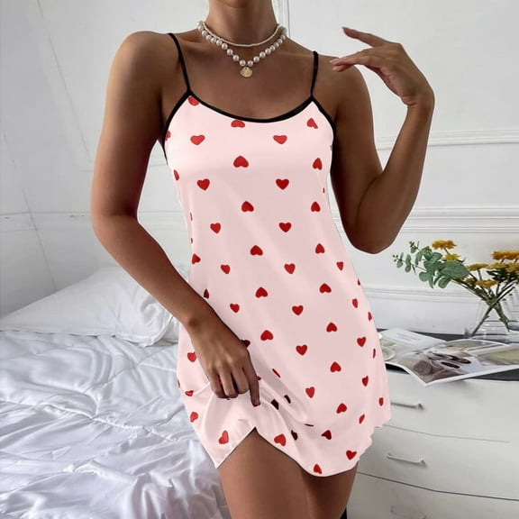 Heart Print Lace Trim Slip Dress | Adjustable Straps | Valentine's Day Gift | Plus Size Sleepwear Satin Lace Trim Gown - Cowl Neck Slip Dress in Pink/Dark Blue/White (S-XXXL) Pink XXL