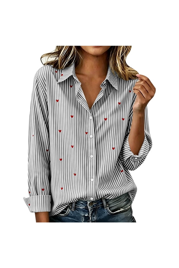 Heart Print Lapel Shirts for Women Loose Button Down Long Sleeve Business Casual Tops Dressy Striped Lapel Blouses