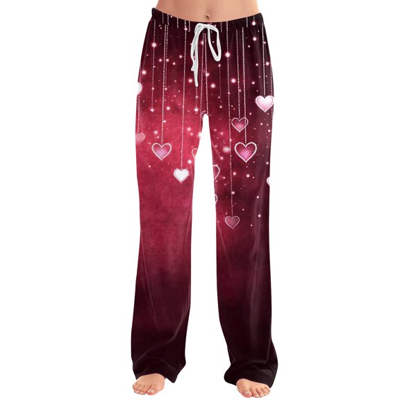Heart Print Lounge Pants for Valentine's - Women's Wide Leg Pajama Bottoms with Pockets & Adjustable Waist,Hot Pink L