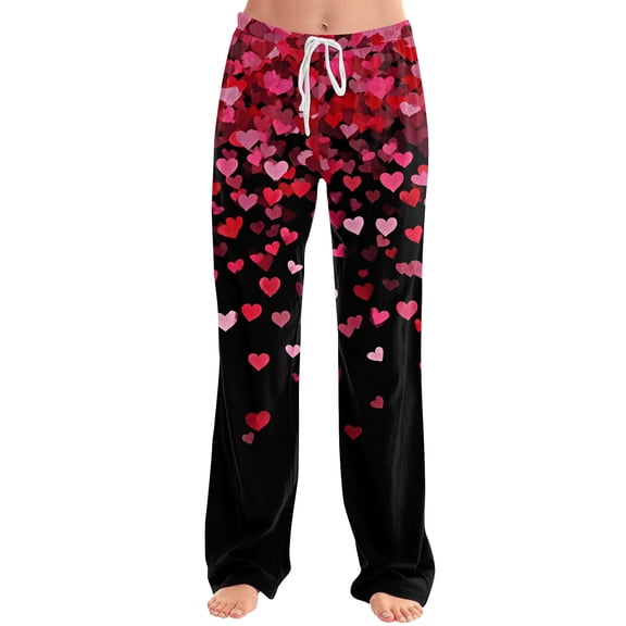Heart Print Lounge Pants for Valentine's - Women's Wide Leg Pajama Bottoms with Pockets & Adjustable Waist,Hot Pink M