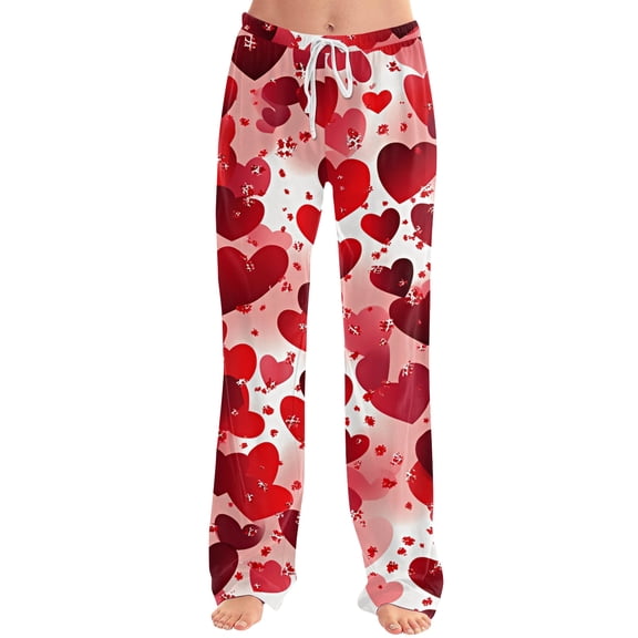 Heart Print Lounge Pants for Valentine's - Women's Wide Leg Pajama Bottoms with Pockets & Adjustable Waist,Pink 3XL
