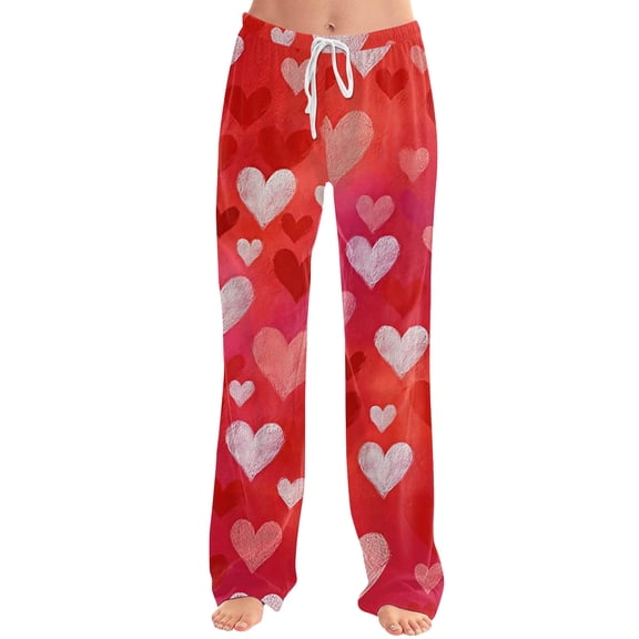 Heart Print Lounge Pants for Valentine's - Women's Wide Leg Pajama Bottoms with Pockets & Adjustable Waist,Vermilion L