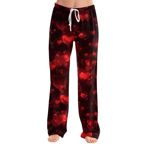 Heart Print Lounge Pants for Valentine's - Women's Wide Leg Pajama Bottoms with Pockets & Adjustable Waist,Wine L