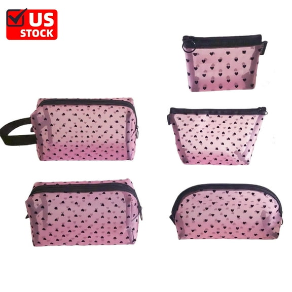 Heart Print Mesh Makeup Bags, 4 Pieces Cosmetic Bags for Women, Mini Zipper Portable Travel Organizing Pouch, Purse Makeup Pouches, Pencil Case, Travel Accessories