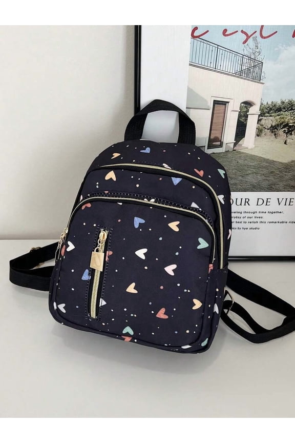 Heart Print Mini Nylon Backpack Black-2 With Goldtone Zippers