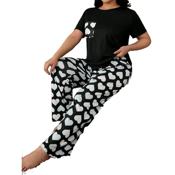 Heart Print Plus Size Pajama Sets, Women's Heart Round Neck Tee & Pant Set, Black and White