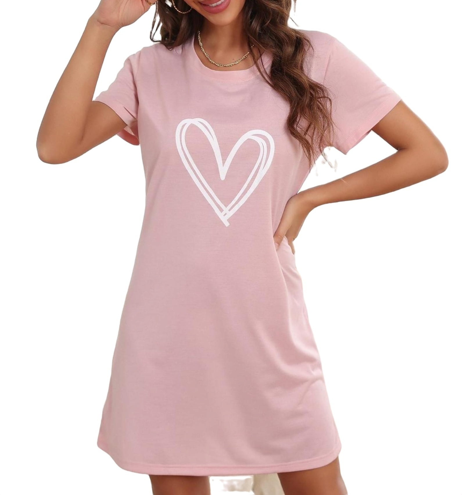Heart Print Round Neck Sleepshirts Short Sleeve Baby Pink Women ...
