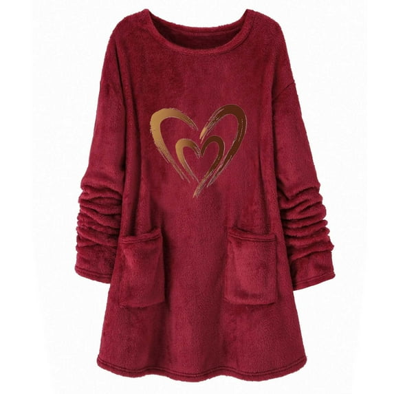 Heart Print Sherpa Sweatshirt Women Cozy Fleece Pullover with Pockets Winter Warm Fuzzy Crewneck Tunic Casual Lounge Long Sleeve Comfort Top