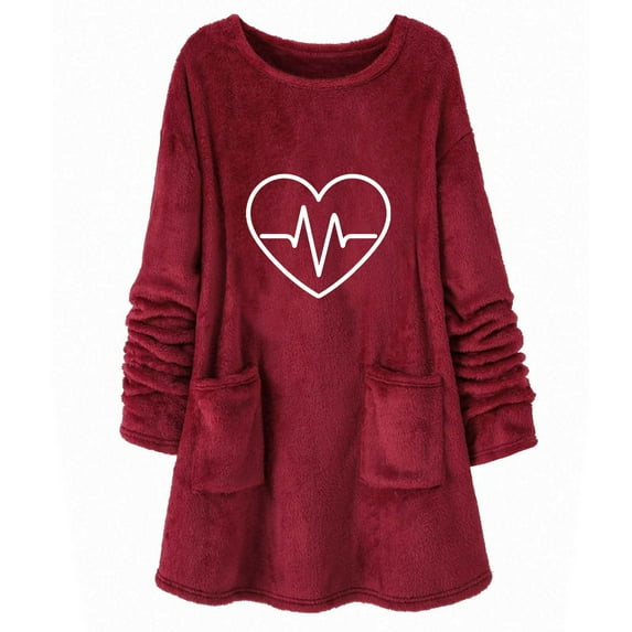 Heart Print Sherpa Sweatshirt Women Cozy Fleece Pullover with Pockets Winter Warm Fuzzy Crewneck Tunic Casual Lounge Long Sleeve Comfort Top