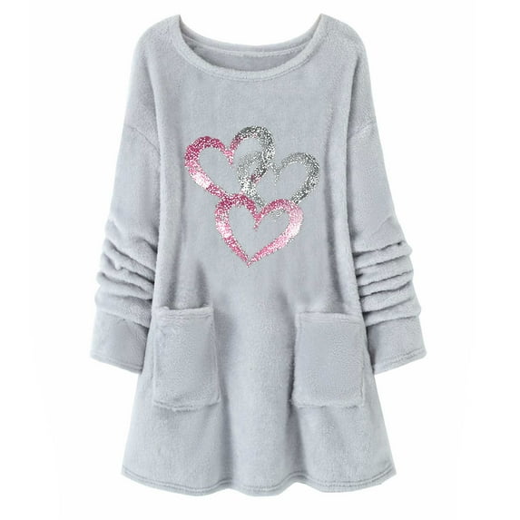 Heart Print Sherpa Sweatshirt Women Cozy Fleece Pullover with Pockets Winter Warm Fuzzy Crewneck Tunic Casual Lounge Long Sleeve Comfort Top