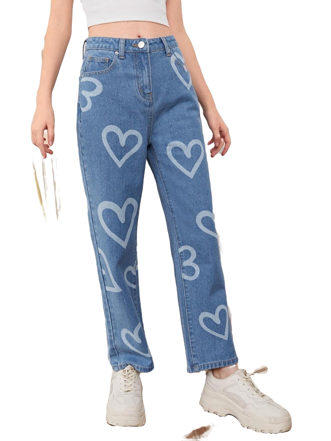 Heart Print Straight Leg Medium Wash Girls Jeans (Girl's)