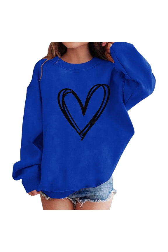 Heart Print Sweatshirt for Girls Cute Oversized Long Sleeve Sweaters Preppy Crewneck Tween Girls Trendy Clothes