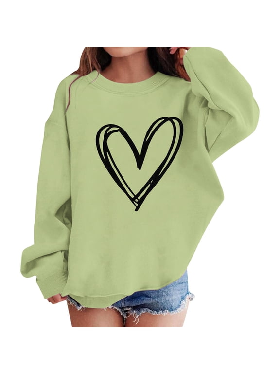 Heart Print Sweatshirt for Girls Cute Oversized Long Sleeve Sweaters Preppy Crewneck Tween Girls Trendy Clothes