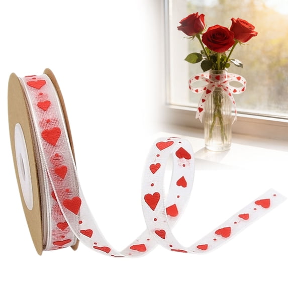 Heart Print Wired Ribbon,Polyester Craft Wrapping Ribbon for DIY Wedding Gift and Event Decoration,1 Roll,C,1PC