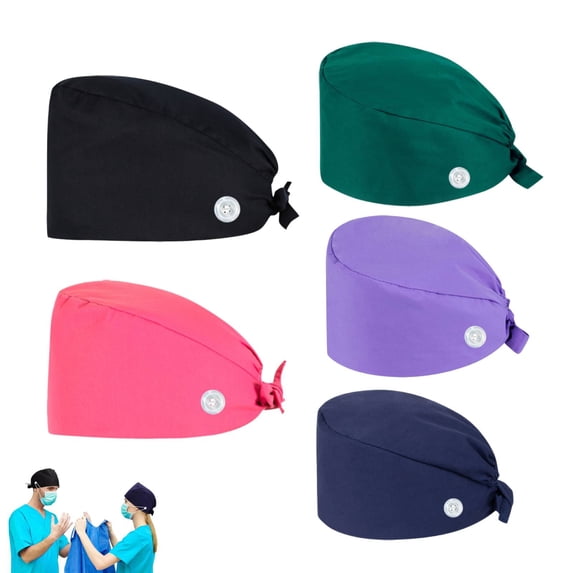 Heart Printed Bouffant Cap with Buttons Unisex Sweatband Adjustable Tie Back Hat 5 Pack