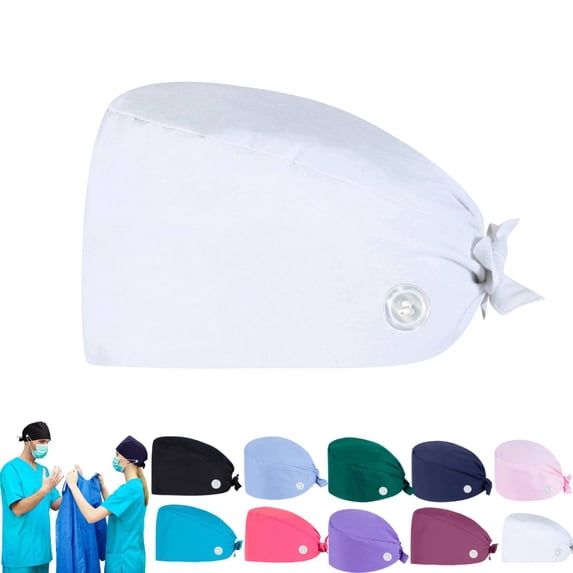 Heart Printed Bouffant Cap with Buttons Unisex Sweatband Adjustable Tie Back Hat