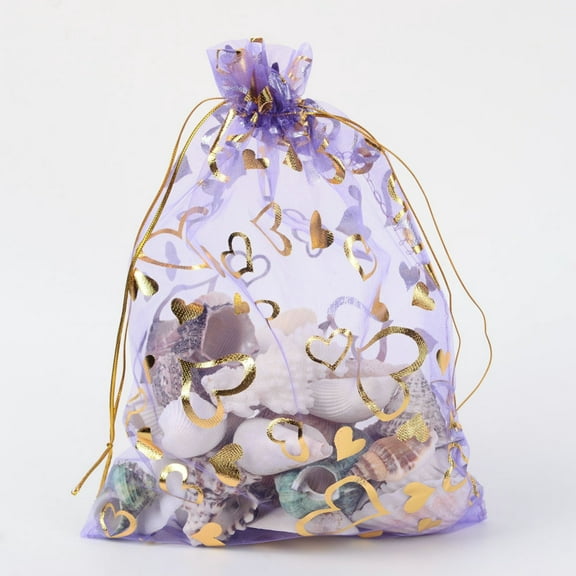 Heart Printed Organza Bags Gift Bags Rectangle Medium Purple 18x13cm