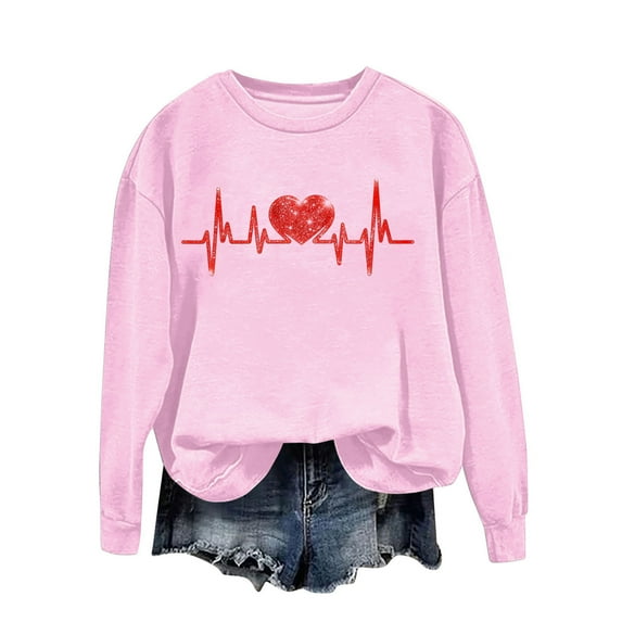 Heart Printed Women's Long Sleeve T-Shirt Dressy Loose Crew Neck Blouse Basic Pullover Business Casual Tunic Tops